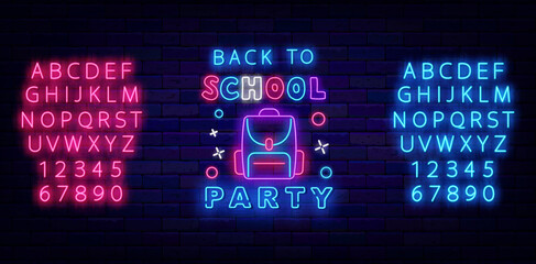 Back to school party neon signboard. Backpack icon. Greeting card. Shiny pink and blue alphabet. Vector illustration