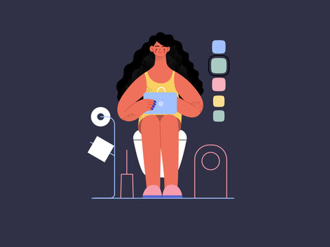 Easy shopping - Online shopping and electronic commerce series - modern flat vector concept illustration of a woman in toilet shopping online. Promotion, discounts, sale and online orders concept
