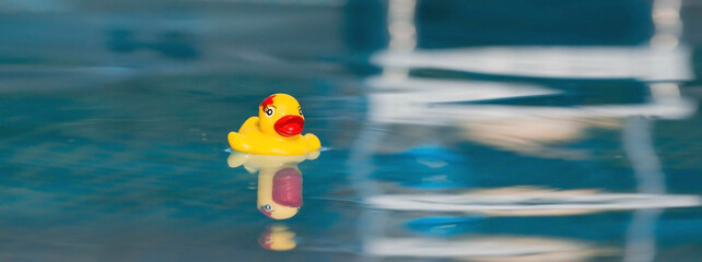 Summer season, the concept of a children's game. Little rubber yellow ducks in the pool. Toys close-up. A symbol of swimming, childhood, friendship, fun game.