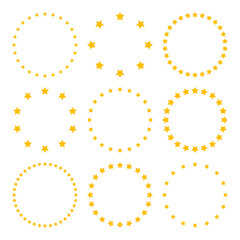 Stars of various sizes arranged in a circle. Round frame, border. Yellow star shape, simple symbol. Design element, ornament. Vector illustration