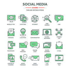 Communication, social media and online chatting. SMS, phone call, messaging in smartphone messenger application. Computing, email web services support. Thin line icons set. Vector illustration