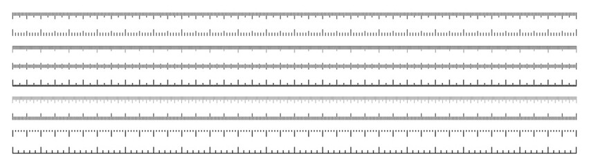 Various measurement scales with divisions. Realistic long scale for measuring length or height in centimeters, millimeters or inches. Ruler, tape measure marks, size indicators. Vector illustration - obrazy, fototapety, plakaty