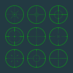Various sniper rifle night sights, weapon optical scope crosshair. Hunting gun green viewfinder. Shooting mark symbol, aim. Military target sign. Game interface UI element. Vector illustration