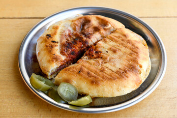 Turkish karisik atom  tost ( kasarli bazlama tost) . Flat baked bread toasted