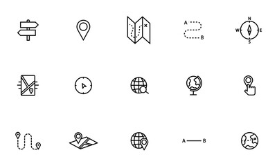 Conjunto de iconos de ubicación, ruta de viaje, brújula, geografía, mapa, distancia, buscador, dirección. Concepto de navegación, viaje, y ubicación