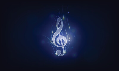 Gold light music note on blue background. vector illustration