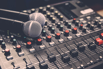 Close-up microphone and sound mixer in studio for sound record control system and audio equipment and music instrument