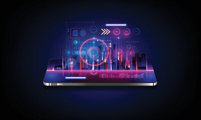Fototapeta premium digital smartphone with Smart city with smart services and icons, internet of things, networks and augmented reality concept , night scene .