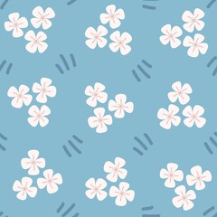 Cute floral seamless pattern. Blue background with abstract white flowers and blue strokes. Great for kids clothes.