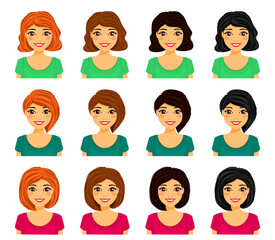 Set of cute young women with different hairstyles and different hair colors. Short hair, stylish haircuts. Flat style on a white background. Cartoon.