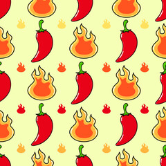 Cute funny fire and chili pepper pattern character. Vector hand drawn cartoon kawaii character illustration icon. Isolated background. Fire and chili pepper character concept
