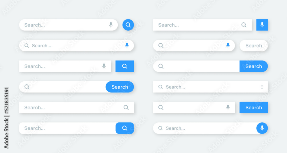 Fototapete Various search bar templates. Internet browser engine with search box, address bar and text field. UI design, website interface element with web icons and push button. Vector illustration