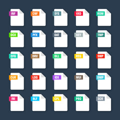 Common system file formats. Document types and extensions. Flat style icons collection. Document pictogram, web design UI element, template. Computer program or application icon. Vector illustration