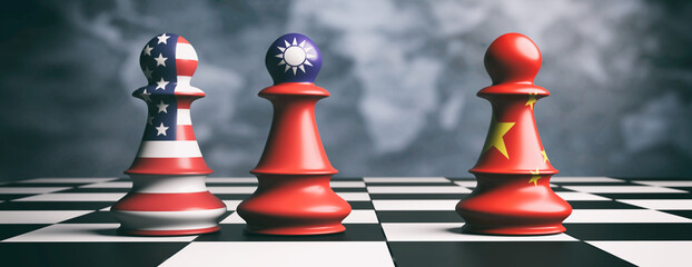 Taiwan China and USA. Chess pawns on a chessboard, 3d render