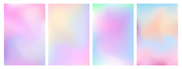 Y2K holographic gradient set. Iridescent aura pastel rainbow mesh backgrounds. Soft blurry pink, blue and mint textures for social media templates and other graphic designs. © Veronica