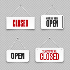 Realistic open or closed hanging signboards. Vintage door sign for cafe, restaurant, bar or retail store. Announcement banner, information signage for business or service. Vector illustration