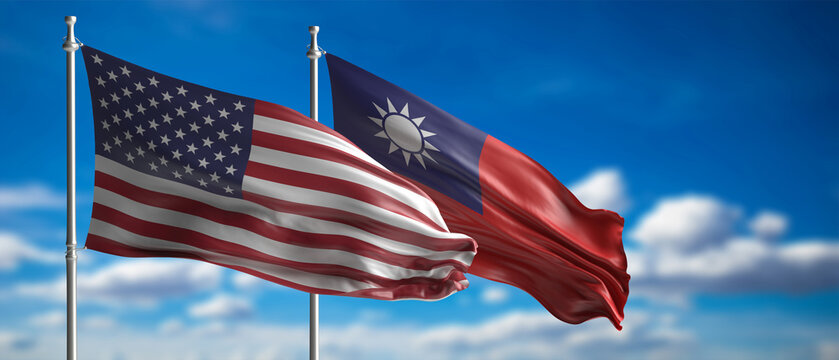 Taiwan and USA relation. Flags waving with the wind, blue sky