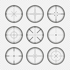 Various weapon sights, sniper rifle optical scopes. Hunting gun viewfinder with crosshair. Aim, shooting mark symbol. Military target sign, silhouette. Game interface UI element. Vector illustration