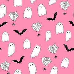 Vector Cute seamless pattern with ghosts and bats on a pink background for Halloween.