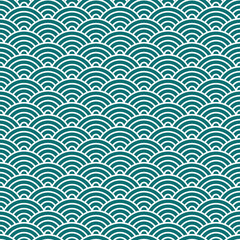 Chinese and Japanese seamless pattern. Traditional asian ornament, oriental New Year decoration. Modern green background, geometric texture with waves. Vector illustration