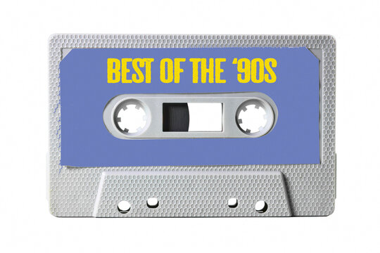 An old vintage cassette tape for easy storage of music and auido, isolated, with text on the label: best of the 90s.
