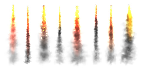 Realistic black smoke with fire, space rocket launch trails. Fire burst, explosion. Missile or bullet trail. Jet aircraft tracks. Smoke clouds, fog. Steam flow. Vector illustration