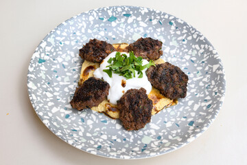 Meatball between bread (Turkish name : ekmek arasi kofte ) Izgara kofte. Manisa, Akcaabat, Akhisar  kofte