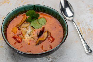 tom yum soup in a green plate on a white background with a spoon macro photo
