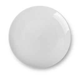 Empty white ceramic plate on white background. Top view