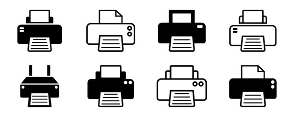 Set of printer vector icons. Print Out document. Printer and paper. Outline icon.