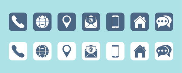 Set of contact us vector icons. Web communication icons : phone, site, location, email, mobile, home, chat. Vector 10 EPS.