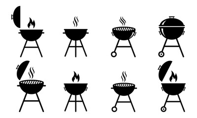 Set of grill vector icons. BBQ with lattice. Barbecue with cover and smoke. Black silhouette BBQ grill. Cook on backyard.