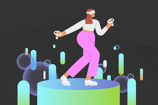Metaverse entertainment. Flat vector illustration with woman wearing virtual reality glasses and VR headsets, interacting and exploring a virtual world. Concept of future innovations.