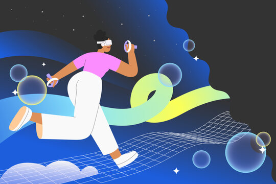 Metaverse entertainment. Flat vector illustration with woman wearing virtual reality glasses and VR headsets, interacting and creating a virtual world. Concept of future innovations.
