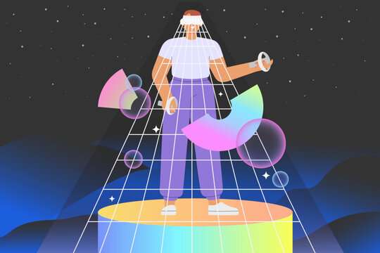 Metaverse entertainment. Flat vector illustration with male character wearing virtual reality glasses and VR headsets, interacting and  creating a virtual world. Concept of future innovations.