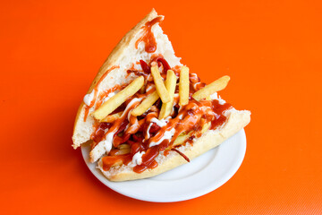 Meat Chicken Doner, between bread (Turkish Name : ekmek arasi doner, tavuk doner, Turk kebabi)