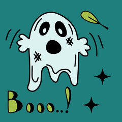 Naklejka premium Ghost and sweets lettering Booo, halloween doodle clipart vector