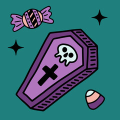 coffin with cross and skull purple, sweets, halloween doodle clipart vector