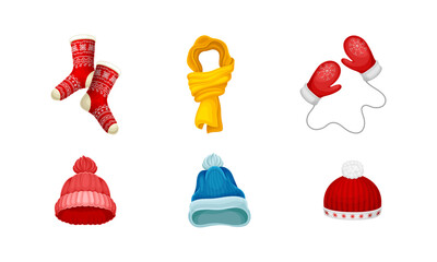 Warm Winter Clothes with Hat, Socks and Pair of Mitten Vector Set
