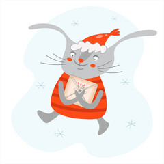 Vector gray bunny with a holiday gift. The rabbit is holding a gift box. Symbol of the new year 2023. Flat illustration of a cute and funny character for flyers, banners, posters, calendars.