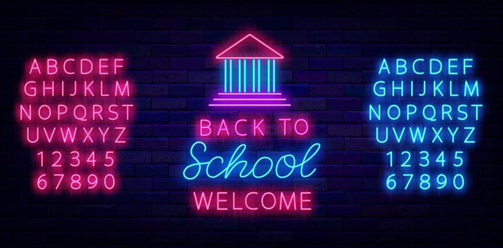Back to school party neon signboard. Welcome bright sign. Academy building icon. Greeting card. Vector illustration