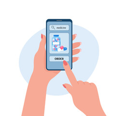 Online pharmacy ordering. Purchase of medicines in mobile application. Woman holding smartphone in hands and buying pills in internet website store. Flat vector illustration