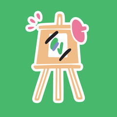 An easel with a beret and a picture. Vector cartoon sticker. Art school, master class. Creativity, illustration.