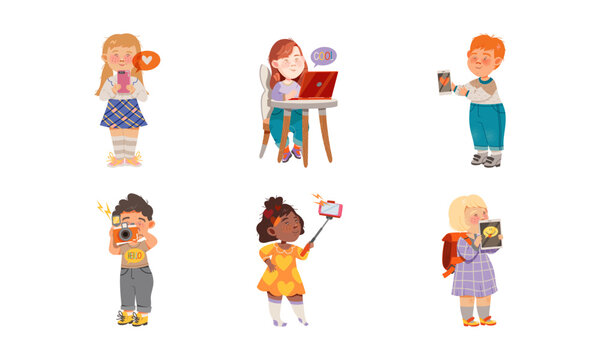 Kid Characters Using Gadgets Like Smartphone, Tablet PC and Laptop Vector Set