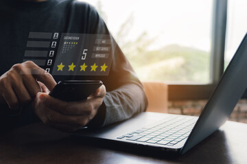 Customer review satisfaction survey gives rating to best service experience on application, User...