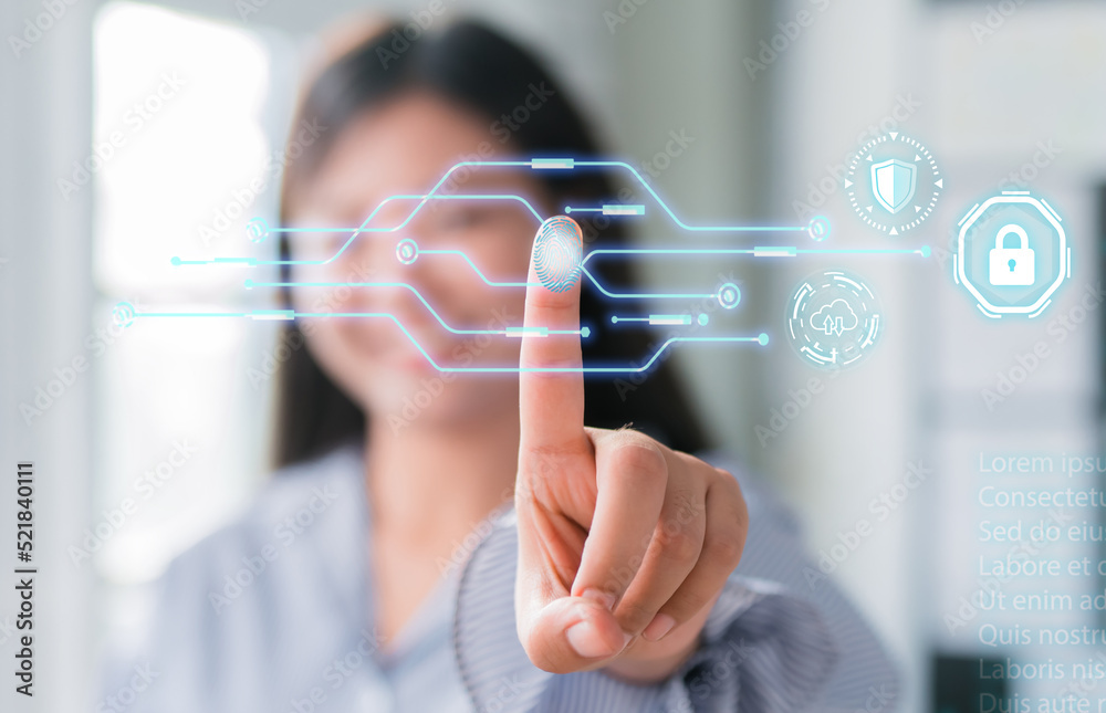 Poster Fingerprint scanning of businesswoman and biometric authentication for analyzing detect data and password, Futuristics unlock system technology concept.