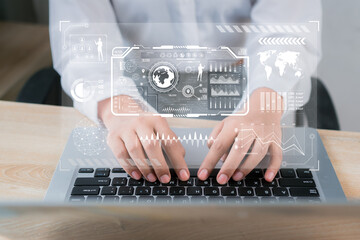 Businesswoman use innovation future technology strategy network data information typing keyboard development with laptop computer analyIng process concept.