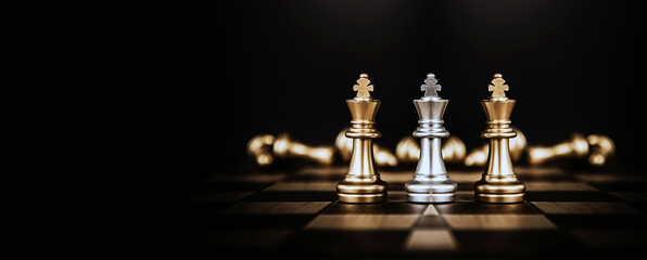 King chess stand front the line on chessboard concept of challenge or team player or business team and leadership strategy or strategic planning and human resources organization risk management.