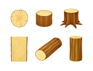 Wood Material with Log, Tree Stump and Plank Vector Set