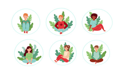 People Characters Sitting on the Ground with Floral Leaves Behind Vector Illustration Set